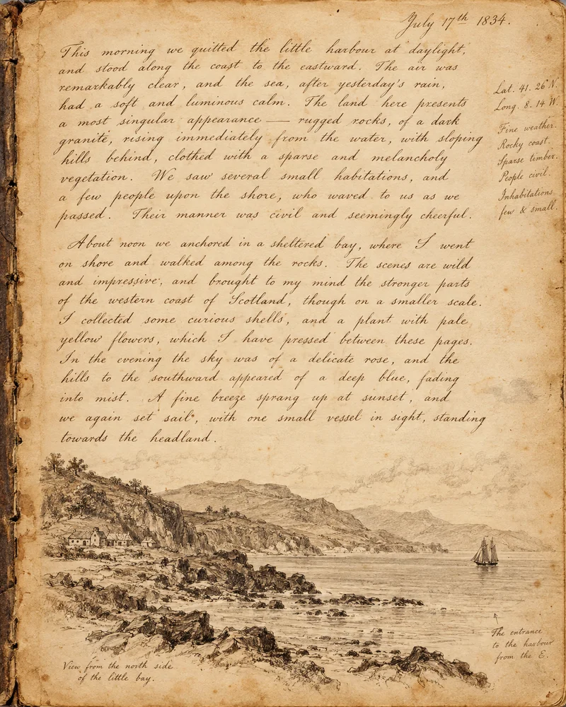 Illustration of a handwritten journal with a coastal sketch
