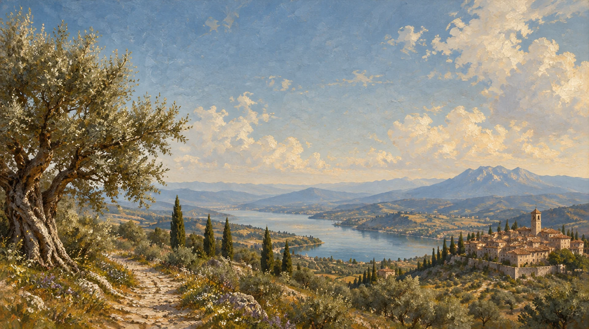 An oil-painted Mediterranean landscape with an olive tree, a lake, and a distant hilltop village