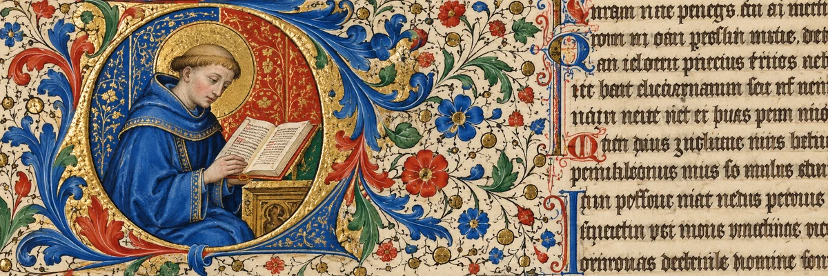 An illustrated medieval manuscript with colorful floral ornament