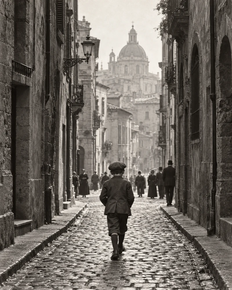 An archival-style illustration of people on a historic city street