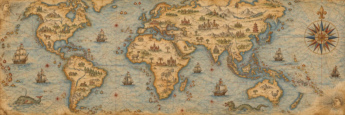 Illustrative antique-style map with intricate coastlines and a compass rose